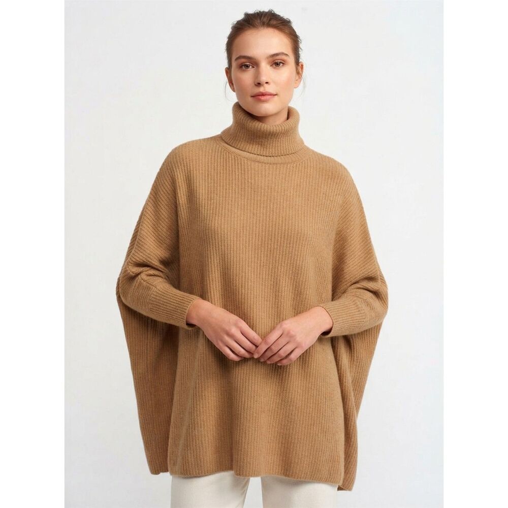 Naked Wardrobe Six Crisp Days Tan Cowl Neck Ribbed Poncho Sweater